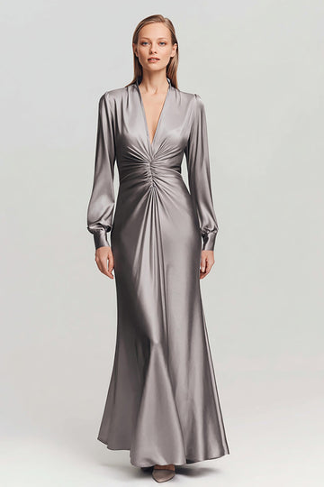 Grey Satin V Neck Long Formal Dress with Sleeves